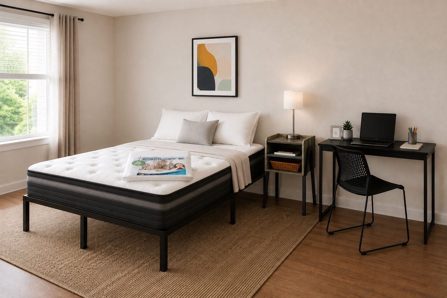 Basic bundle bedroom setup — platform bed, nightstand, lamp, desk and chair