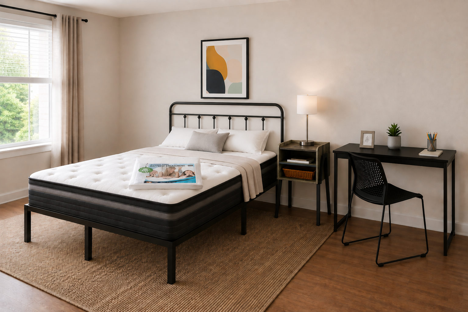 Professional bundle bedroom setup — bed with headboard, nightstand, lamp, desk and chair