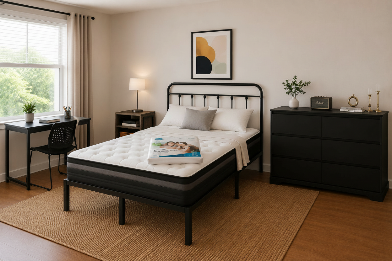 Silver bundle bedroom setup — bed with headboard, dresser, nightstand, lamp, desk and chair